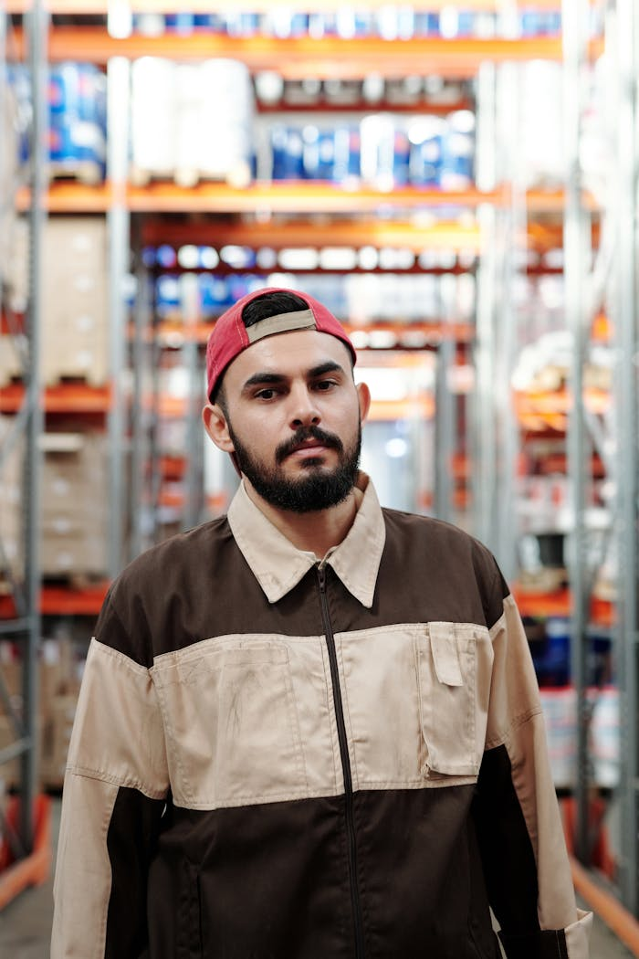 services-03 Portrait of a bearded man in a warehouse, emphasizing industrial work environment.
