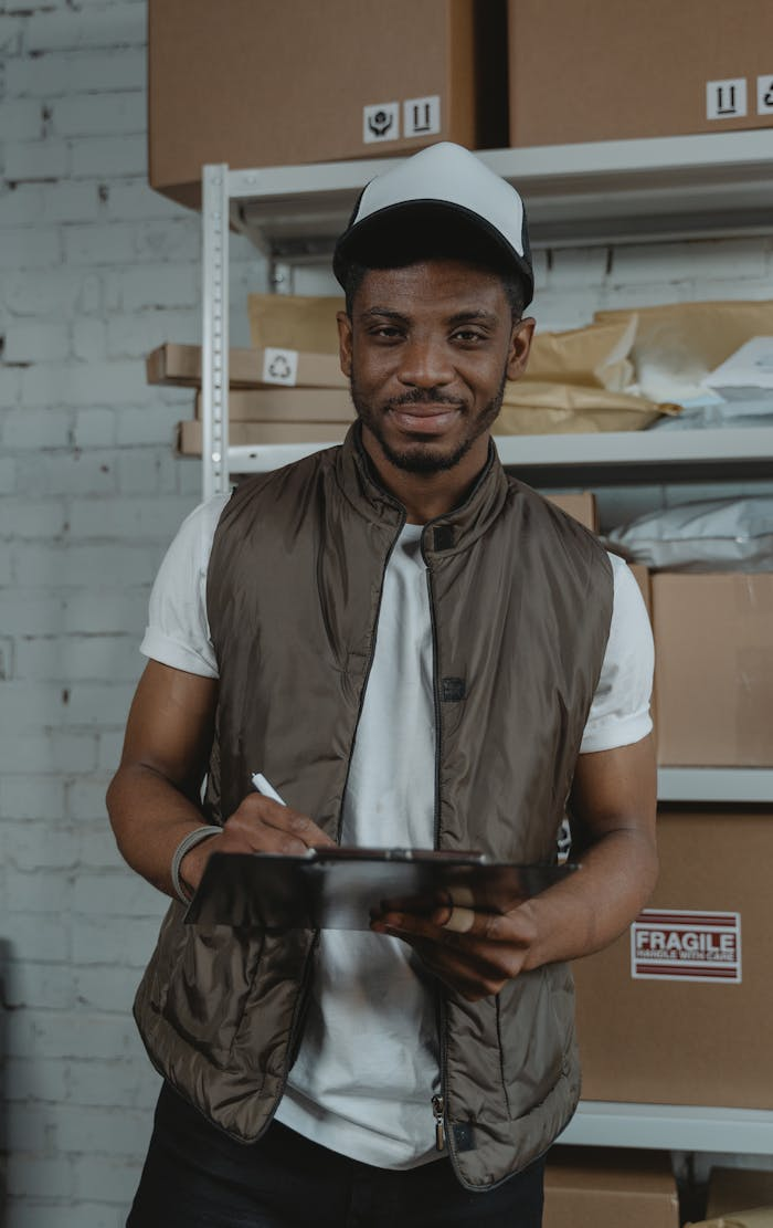 services-02 African American courier smiling while managing shipments in a warehouse with shelves and packages.